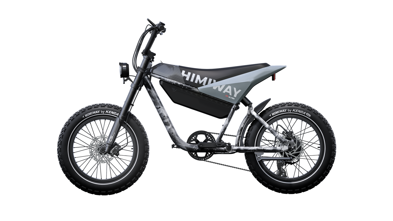 Side view of a Himiway - C5 electric bike featuring a black and gray frame, thick tires, and a simple seat design, enhanced by an advanced torque sensor for smoother rides.