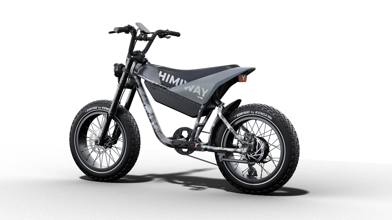 Black and gray Himiway - C5 with thick tires and a large saddle, featuring an advanced torque sensor for improved performance, displayed on a plain black background.
