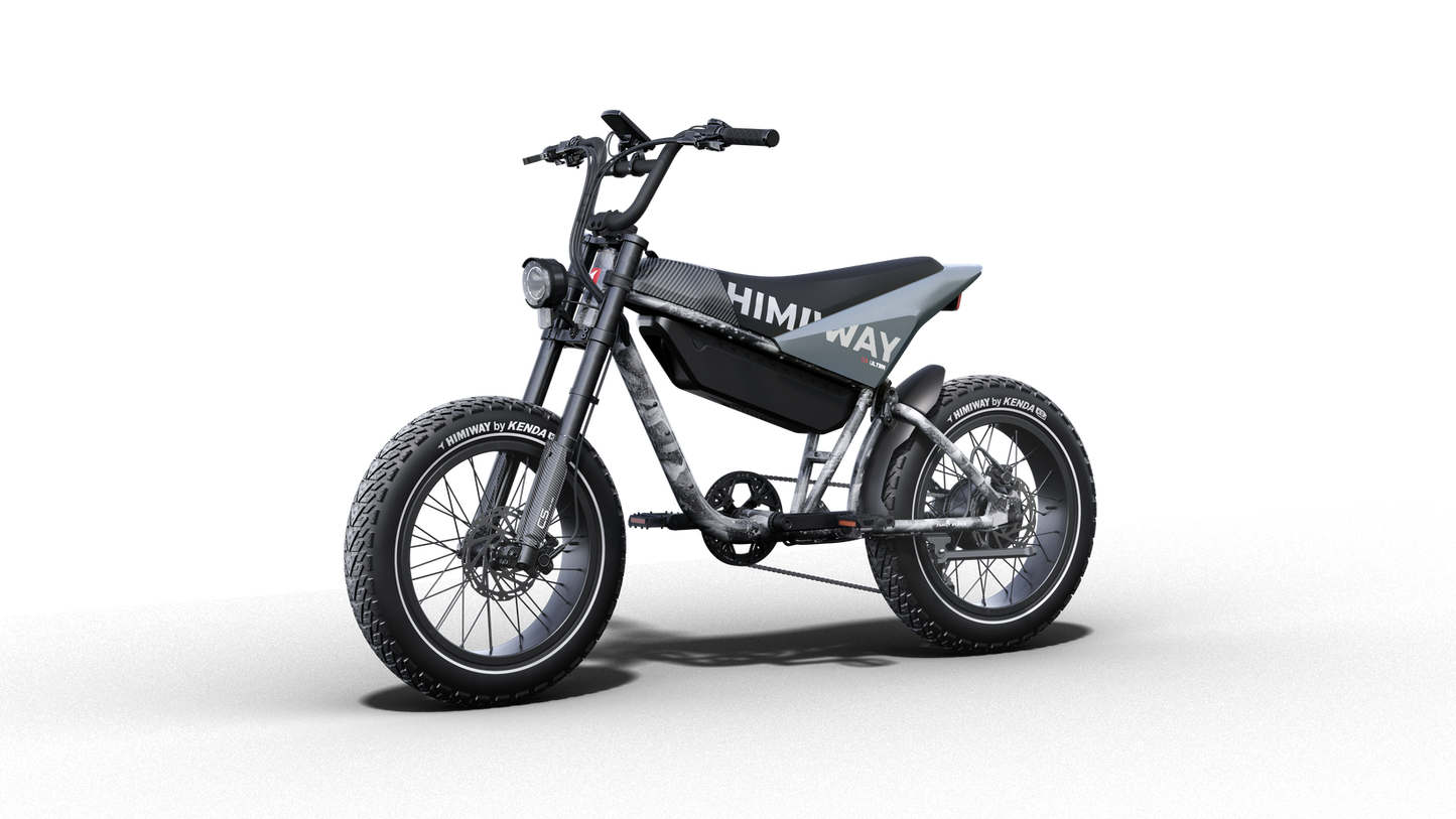 A black and gray Himiway - C5 with a motocross-style design, thick tires, an advanced torque sensor, a headlight, and the brand name "Himiway" on the frame, pictured on a black background.