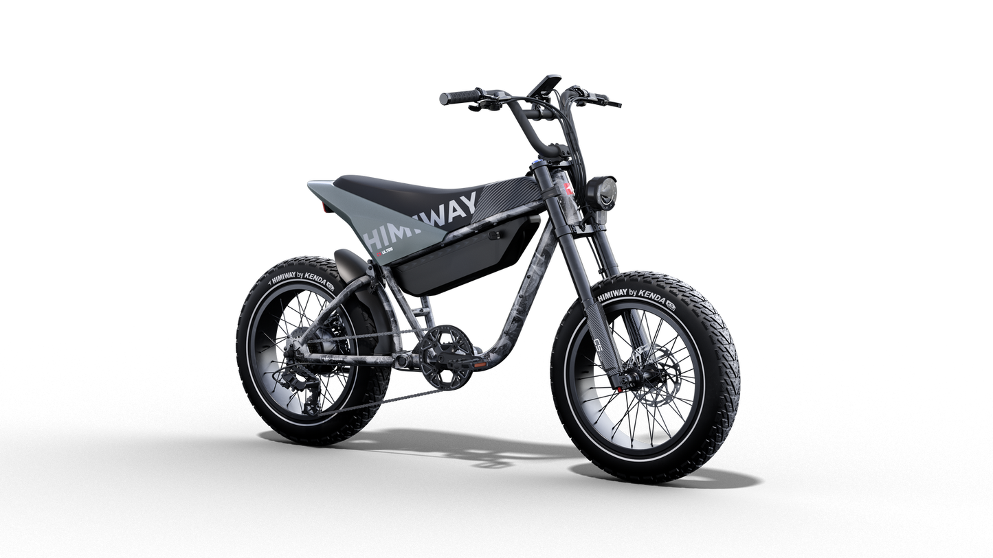 A black Himiway - C5 electric bike with a sleek design, featuring a thick frame, large knobby tires, and handlebars with brake levers and grips, photographed against a plain black background. This model also boasts an extended range for longer rides.