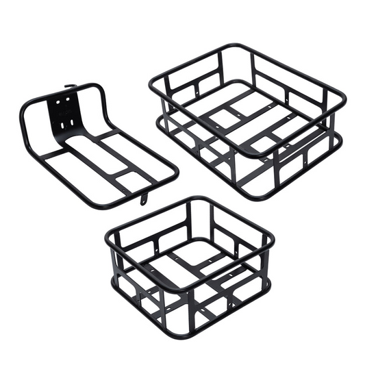 Three black Lectric baskets on a white background, offering utility for cargo needs.
