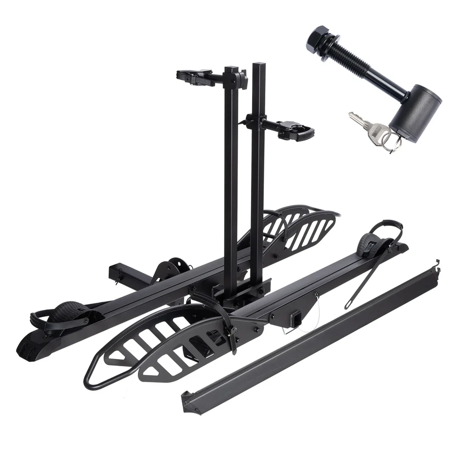The Cravot CyberRack E2 Hitch Bike Rack by Cravot features a sturdy black metal construction with two wheel trays, adjustable securing arms, and a locking hitch pin with keys located above the rack. Built for versatility, this robust electric bike rack is engineered to fit various bicycles, making it an ideal companion for your next adventure.