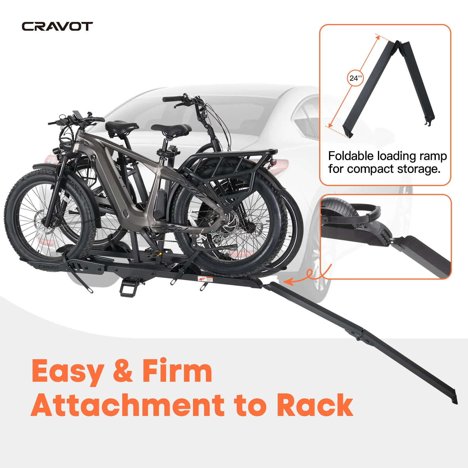 The Cravot CyberRack E2 Plus hitch bike rack holds two bikes, features a 24-inch foldable ramp for easy loading, fits 2-inch receiver hitches, and supports up to 200 lbs. Ramp folds compactly for storage. Brand: Cravot.