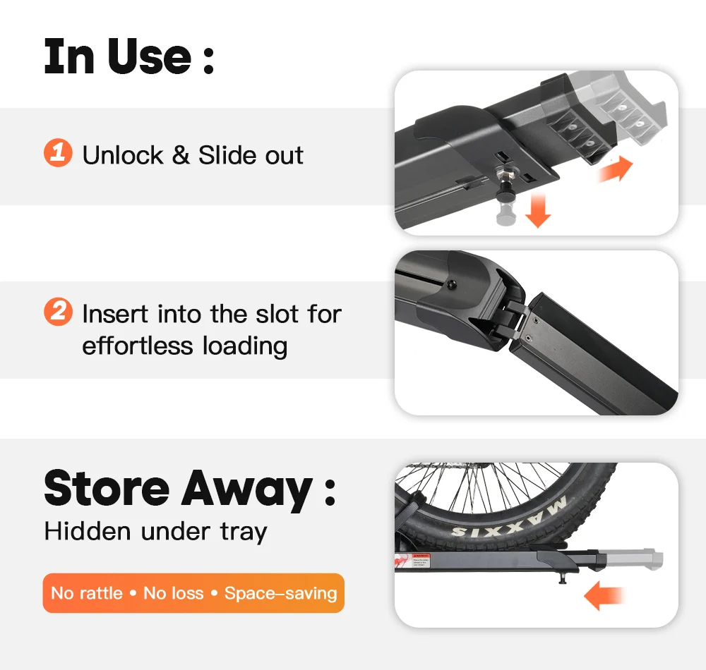 Instructional graphic illustrating the steps to unlock, slide out, insert, and store your Cravot CyberRack R2 Hitch Bike Rack with Integrated Ramp (200 lbs capacity). Each stage features clearly labeled images and icons. Highlights include the integrated loading ramp for effortless operation—all from Cravot.
