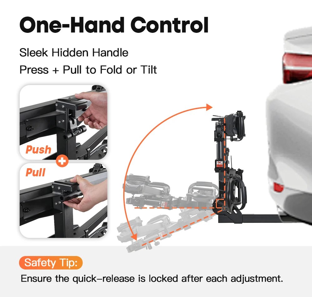 Diagram shows the Cravot CyberRack R2 Hitch Bike Rack with a hidden handle—simply press and pull to fold or tilt. For safety, always ensure the quick-release is securely locked after each adjustment. This rack features an integrated loading ramp for easy e-bike use and supports up to 200 lbs.