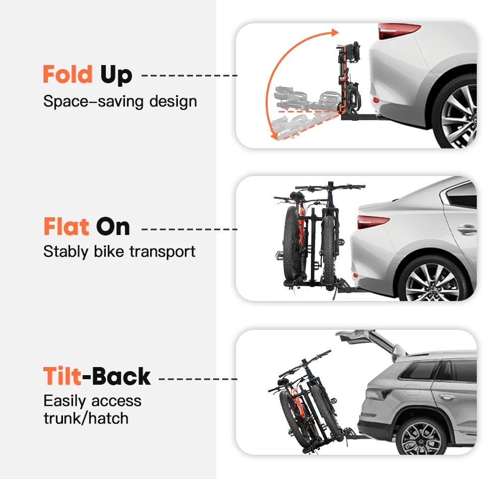 Three images display the Cravot CyberRack R2 Hitch Bike Rack with Integrated Ramp in fold-up, flat-on, and tilt-back positions on vehicles, illustrating its space-saving design, stable transport for bikes (up to 200 lbs total capacity), and easy trunk access. The Cravot rack also features a built-in loading ramp for effortless and convenient e-bike loading and unloading.
