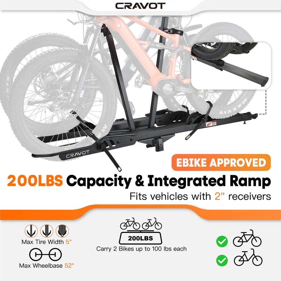 The Cravot CyberRack R2 Hitch Bike Rack, finished in black and labeled “EBIKE APPROVED,” securely holds two bikes (up to 200 lbs total), features an integrated ramp for easy loading, fits 2″ receivers, supports tires up to 5″ wide and wheelbases up to 52″—making it an ideal e-bike rack solution for your vehicle.