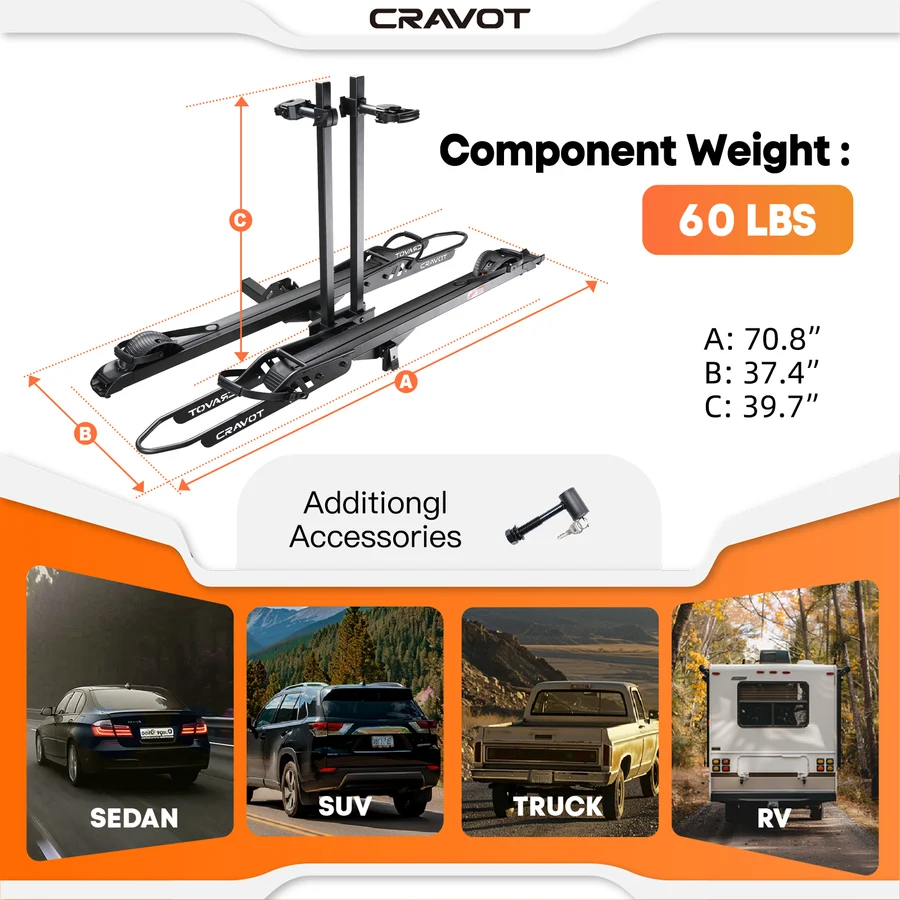 The Cravot CyberRack R2 hitch bike rack is shown with dimensions and a 200 lbs weight capacity; compatible with sedan, SUV, truck, and RV; features an integrated loading ramp and includes a lock accessory.