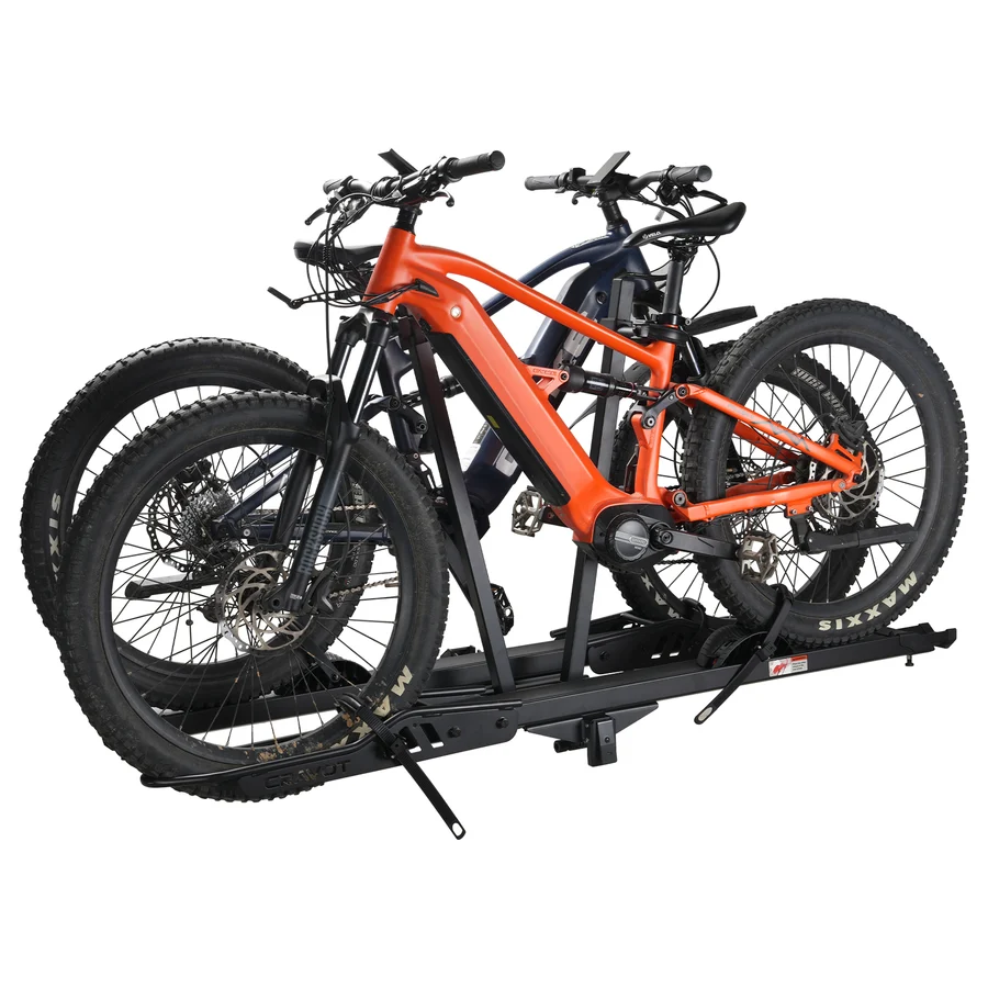 Two mountain bikes, one orange and one black, are secured on the Cravot CyberRack R2 Hitch Bike Rack with an integrated ramp (200 lbs capacity) by Cravot, set against a plain white background.