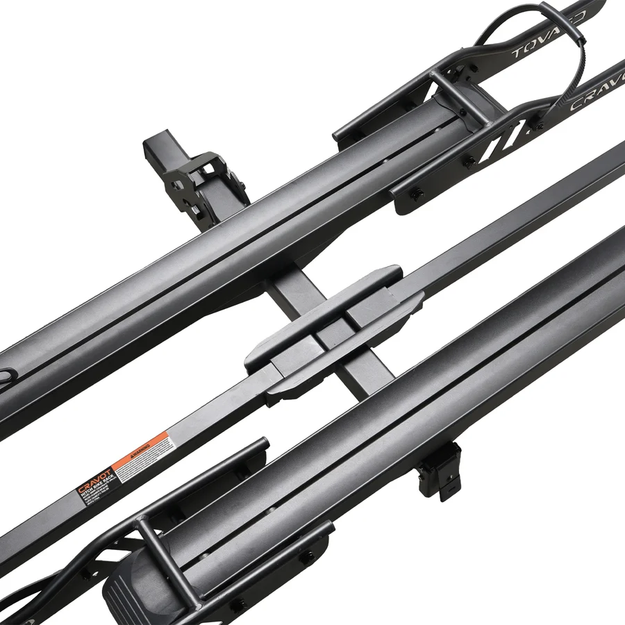 Close-up view of the Cravot CyberRack R2 Hitch Bike Rack, a black metal rack with locking mechanisms and adjustable features, designed to mount onto your vehicle’s hitch receiver. This Cravot e-bike rack features an integrated loading ramp for added convenience and supports up to 200 lbs.