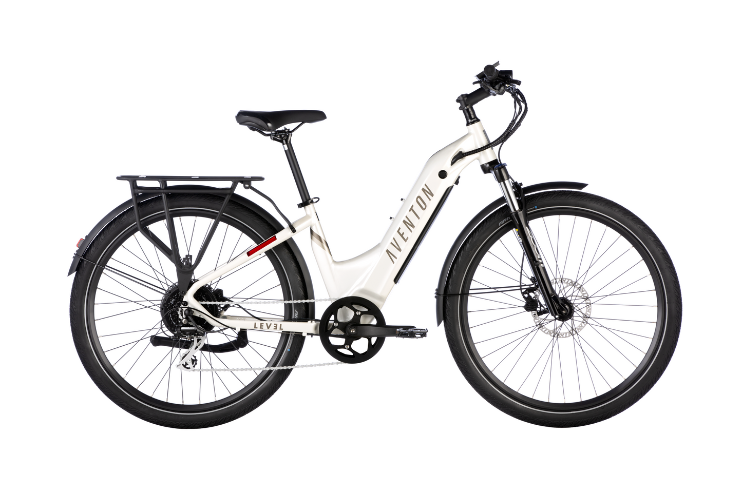 Aventon - LEVEL.2 Step Through - Polar White - R is a comfortable commuter eBike with a white and black color scheme.