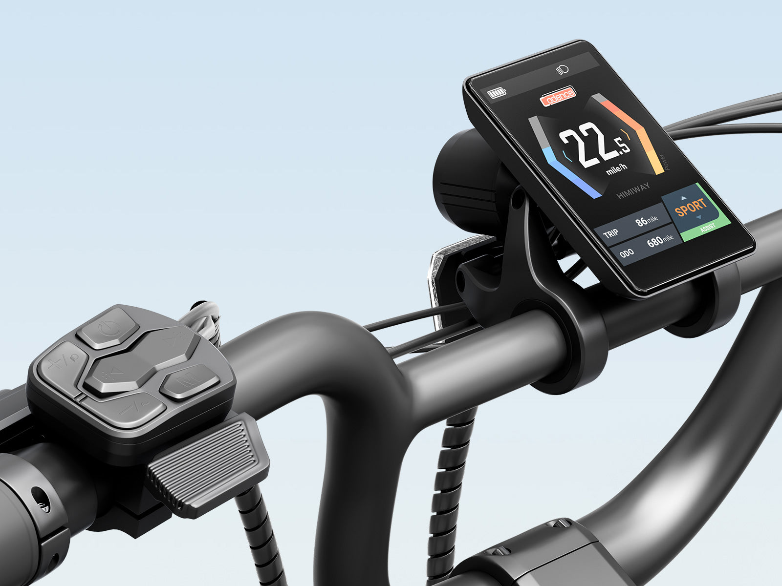 Close-up of the Himiway D5 2.0 20in electric bike handlebar by Himiway, featuring a mounted touchscreen display with speed, mode, and battery level info, plus control buttons and a brake lever.