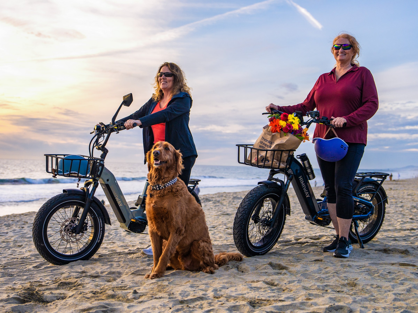 Two women with Himiway D5 2.0 20in fat tire e-bikes stand on a sandy beach at sunset; one bike with a 750W hub motor has flowers in its basket, and a golden retriever sits in front of them.