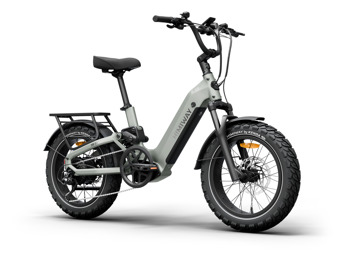 The Himiway D5 2.0 20in by Himiway is a gray fat tire e-bike featuring a 750W hub motor, rear cargo rack, front and rear fenders, and upright handlebar, displayed against a plain white background.