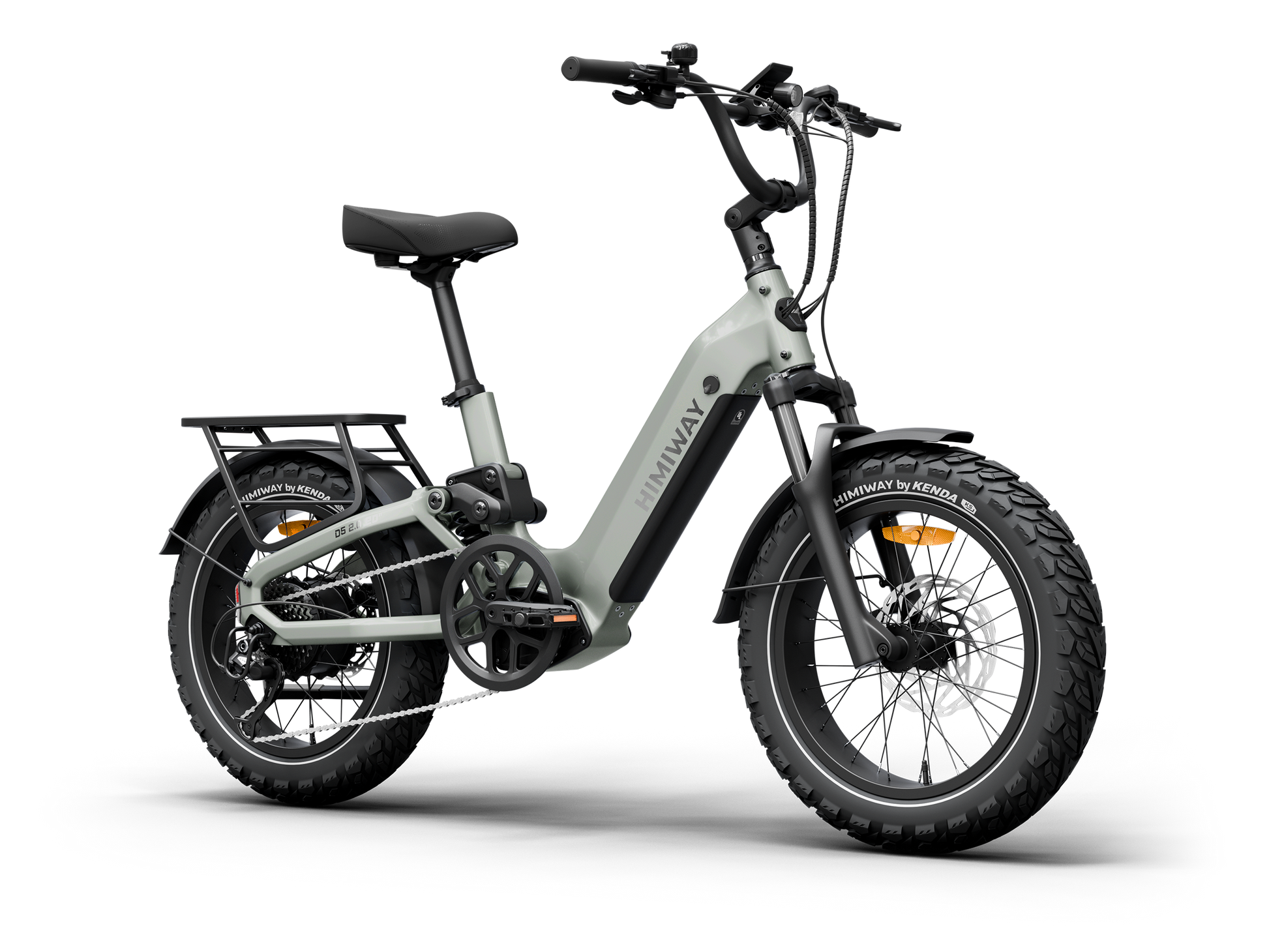 The Himiway D5 2.0 20in by Himiway is a gray fat tire e-bike featuring a 750W hub motor, rear cargo rack, front and rear fenders, and upright handlebar, displayed against a plain white background.