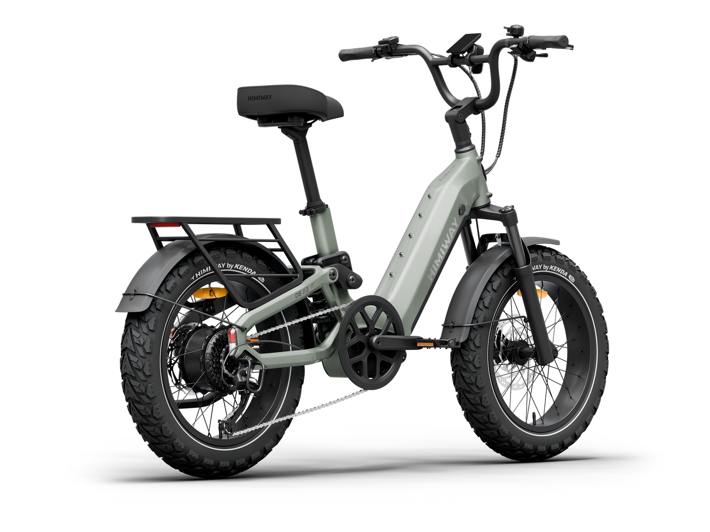 The Himiway D5 2.0 20in by Himiway is a compact fat tire e-bike with a 750W hub motor, step-through frame, front and rear fenders, rear cargo rack, and upright handlebars, shown on a plain white background.