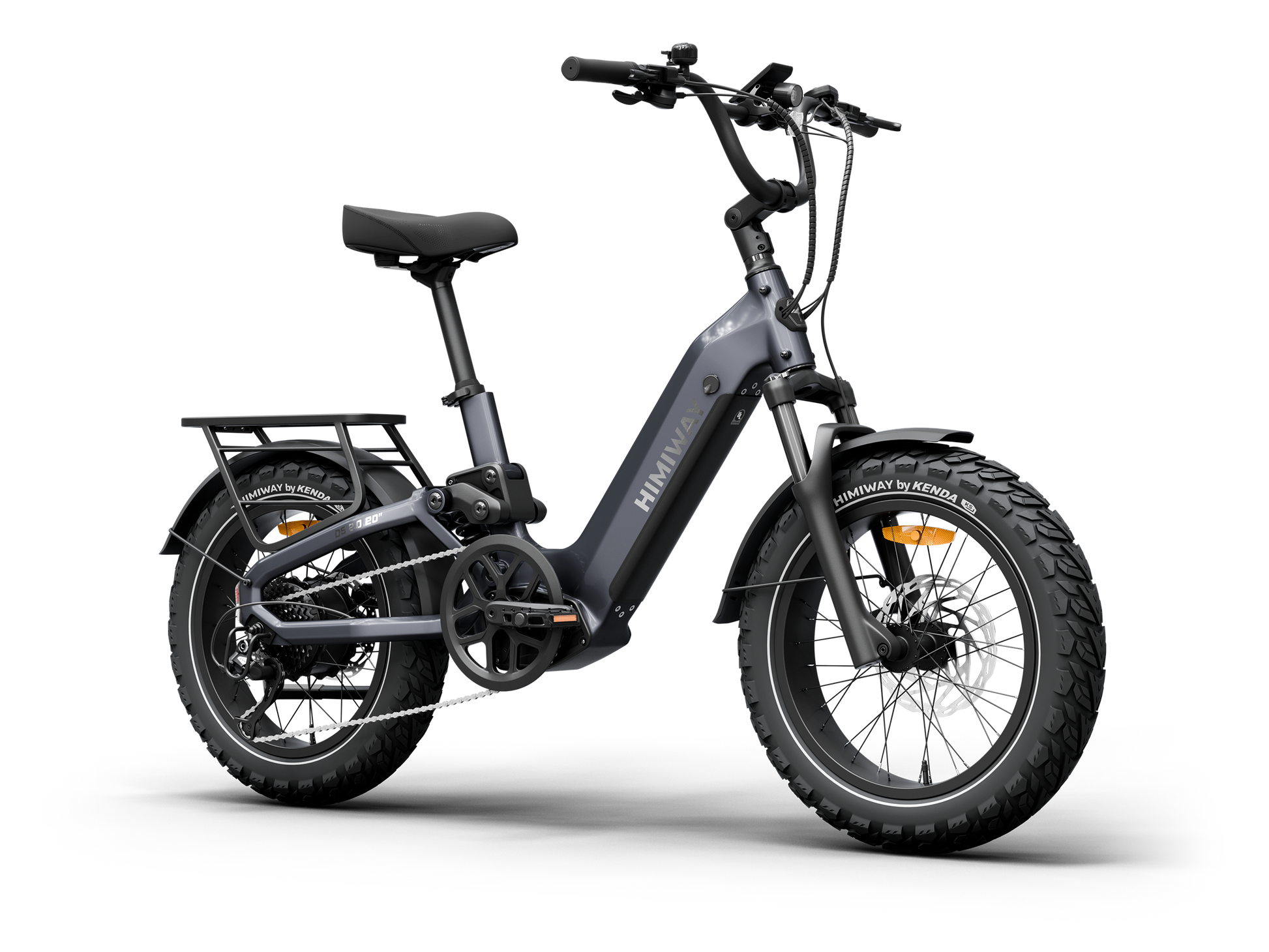 The Himiway D5 2.0 20in fat tire electric bike by Himiway, featuring a step-through frame, rear cargo rack, thick tires, full suspension, fenders, and handlebar controls, is displayed against a plain white background.