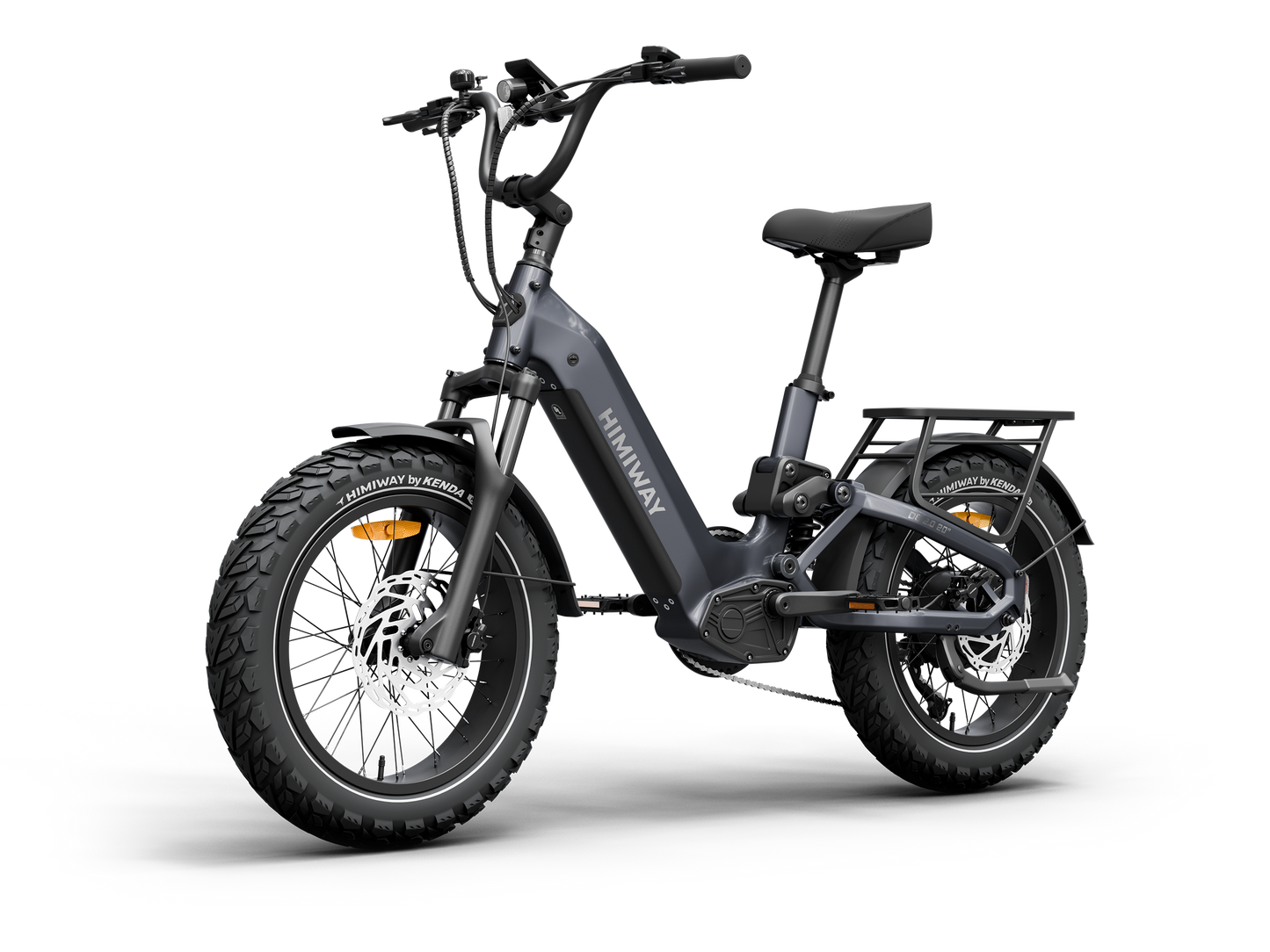 A Himiway D5 2.0 20in fat tire electric bike by Himiway, featuring a step-through frame, rear cargo rack, front suspension, and wide tires in grey is displayed against a plain white background.