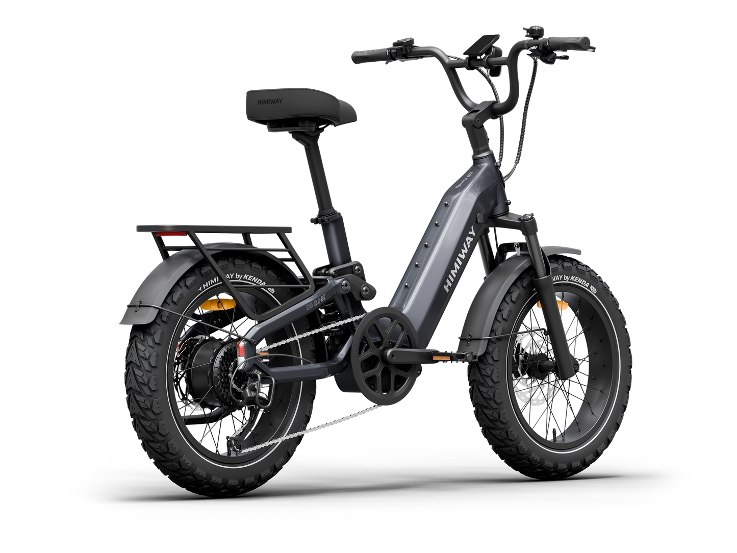 The Himiway D5 2.0 20in by Himiway is a gray fat tire e-bike with a 750W hub motor, rear cargo rack, front and rear fenders, and an integrated down tube battery, displayed on a plain white background.