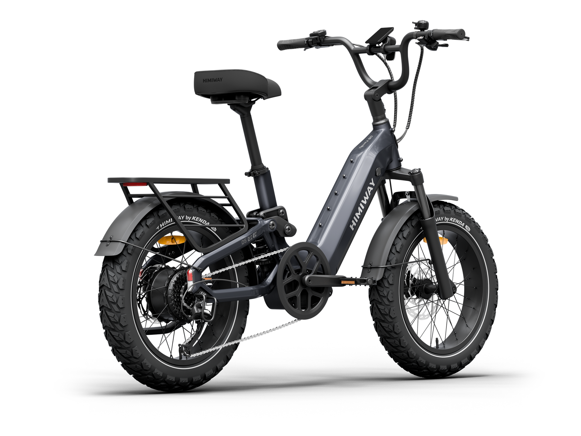 The Himiway D5 2.0 20in by Himiway is a gray fat tire e-bike with a 750W hub motor, rear cargo rack, front and rear fenders, and an integrated down tube battery, displayed on a plain white background.