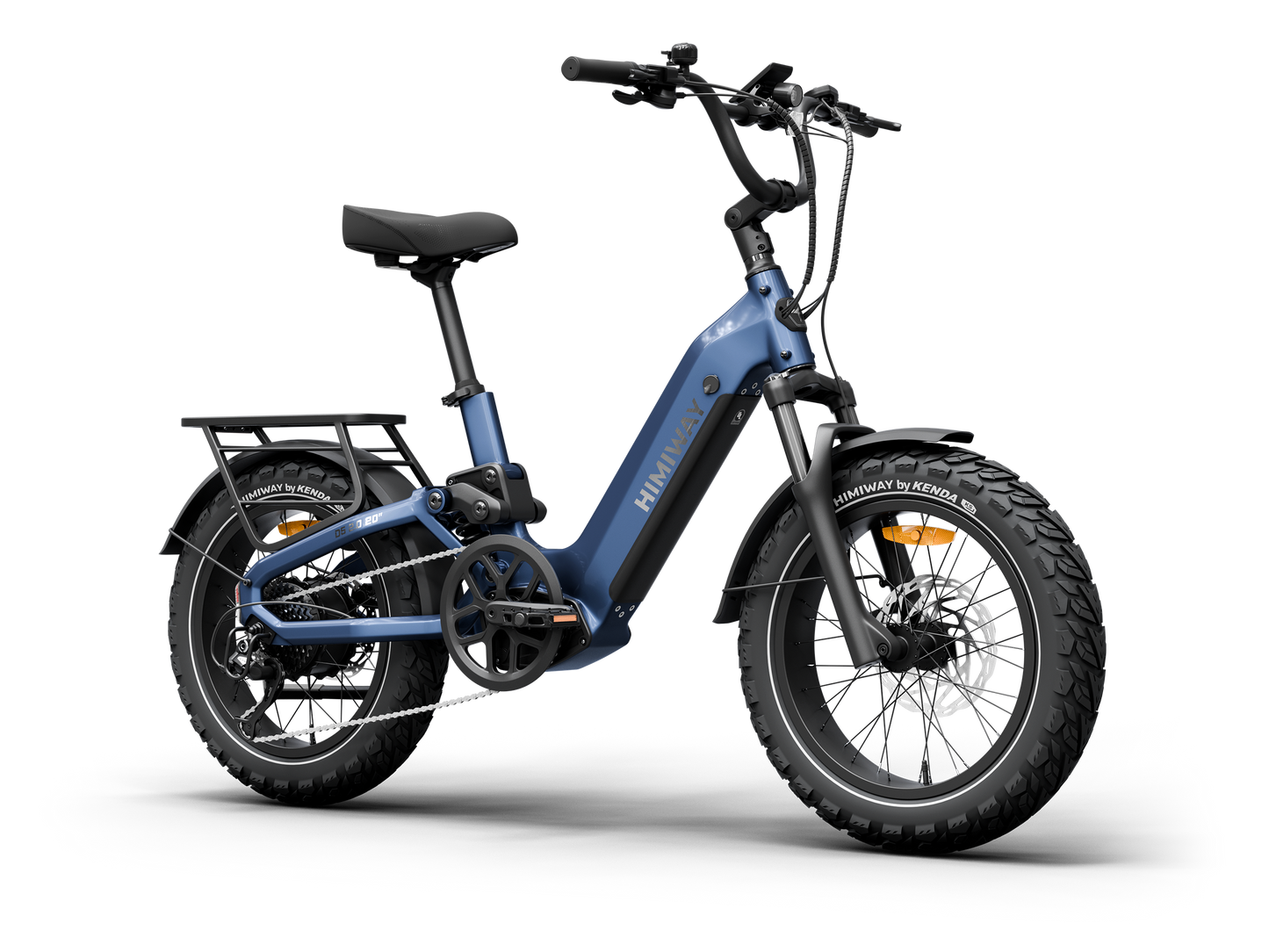 A blue Himiway D5 2.0 20in fat tire e-bike by Himiway, featuring full suspension, a black rear cargo rack, front and rear fenders, and an upright handlebar, stands against a plain white background.