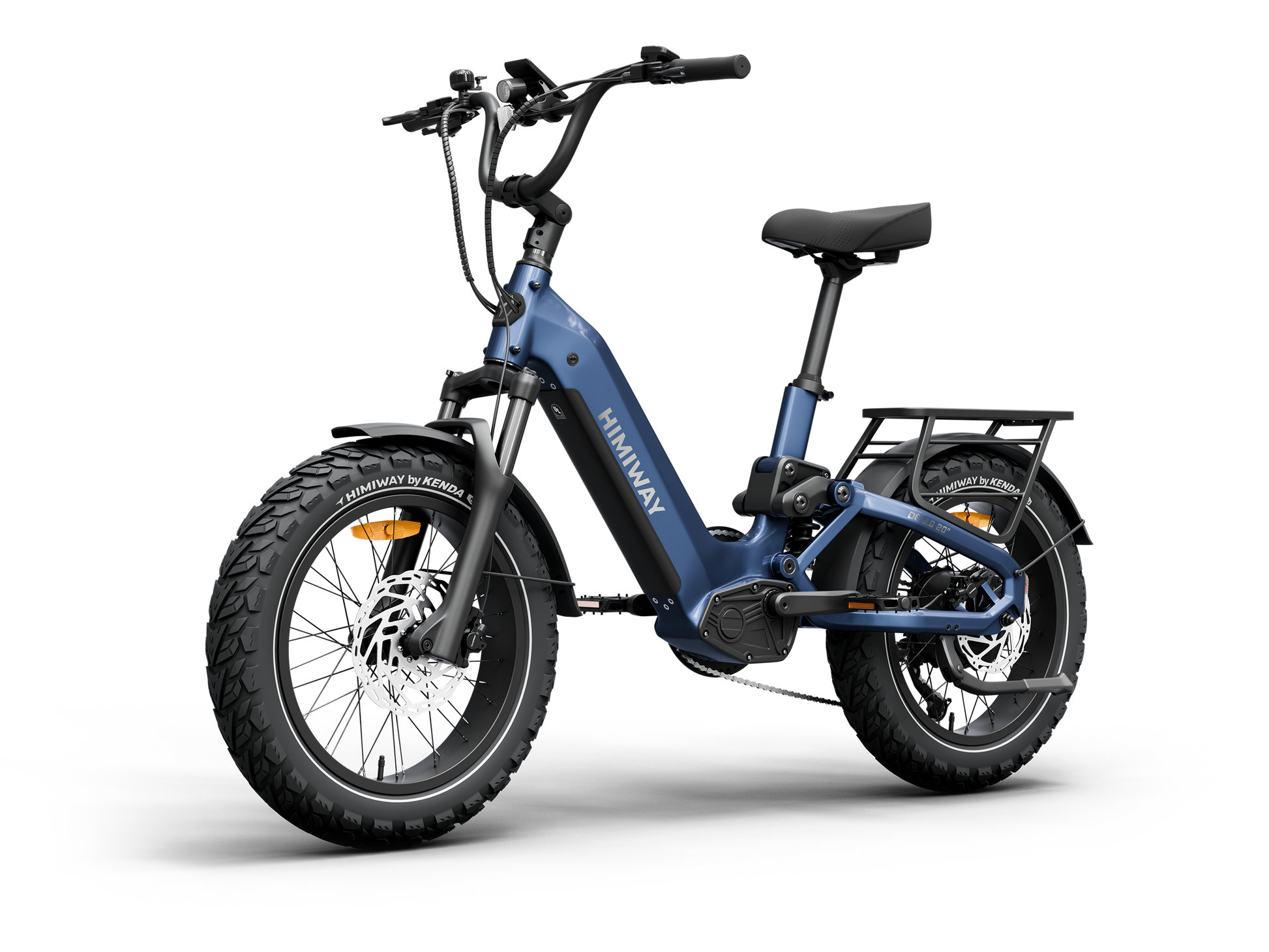 The Himiway D5 2.0 20in, a blue fat tire electric bike by Himiway, features a front suspension fork, rear rack, and low step-through frame, shown against a white background.
