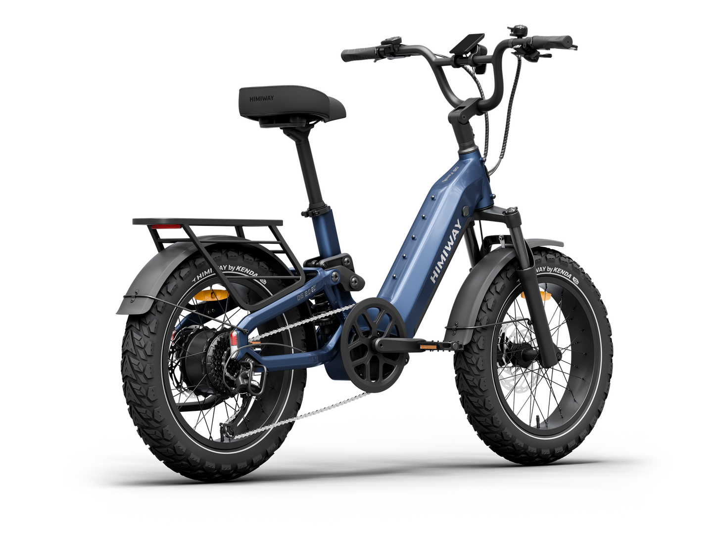 A Himiway D5 2.0 20in fat tire electric bike in blue, featuring a step-through frame, rear cargo rack, and full suspension, is displayed on a plain white background.