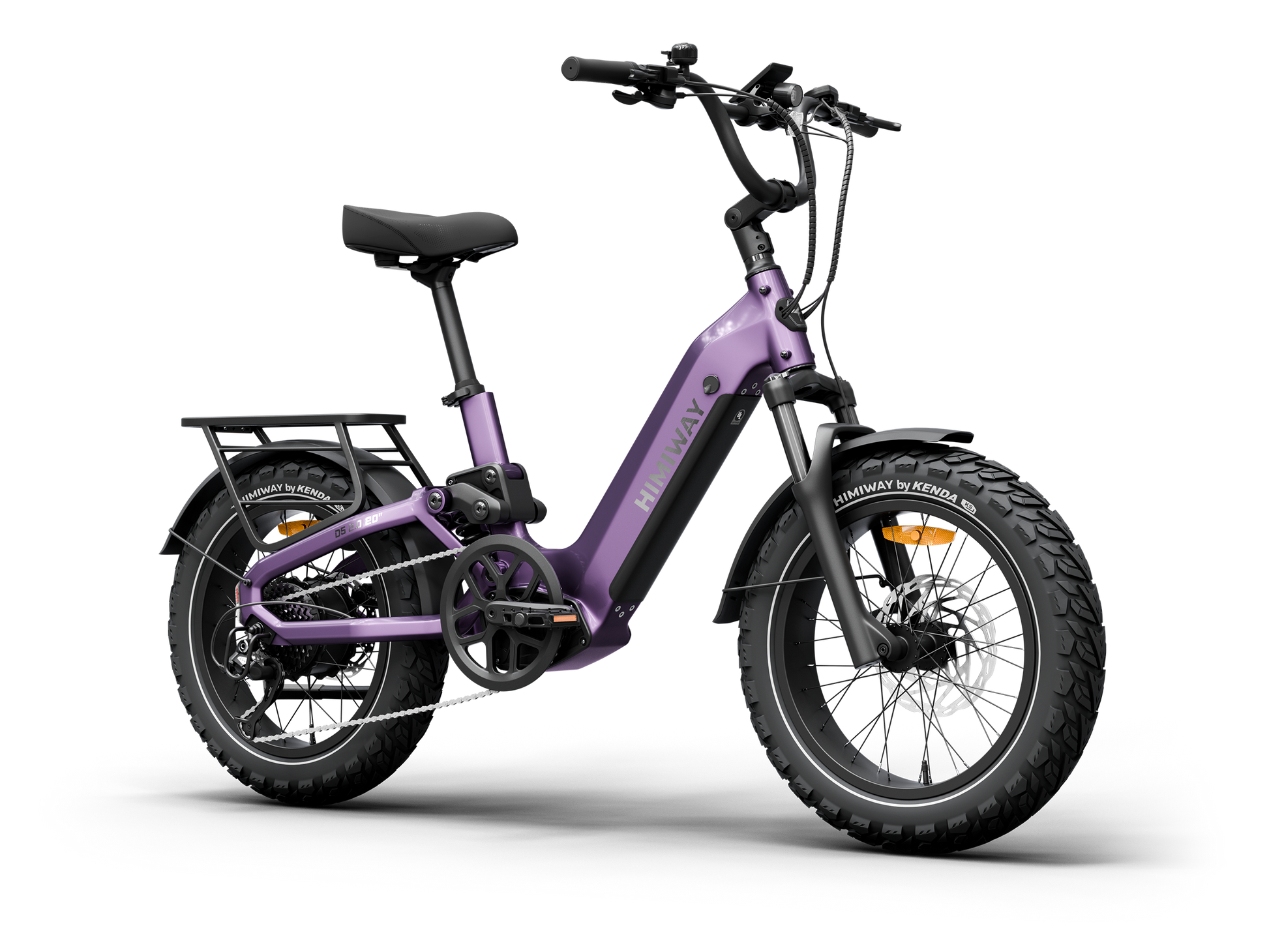A purple Himiway D5 2.0 20in fat tire e-bike by Himiway, featuring a rear cargo rack, fenders, and a step-through frame, shown at a slight angle on a white background.