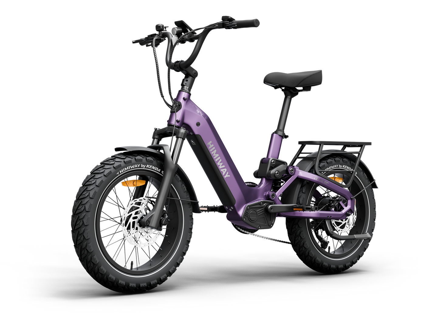 The Himiway D5 2.0 20in by Himiway is a purple fat tire e-bike with a 750W hub motor, front suspension, rear cargo rack, and step-through frame, displayed against a plain white background.