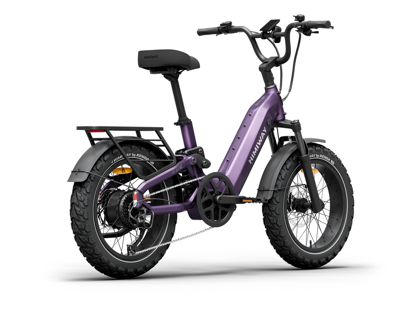The Himiway D5 2.0 20in by Himiway is a purple fat tire e-bike with a 750W hub motor, step-through frame, rear cargo rack, and fenders, shown on a white background.