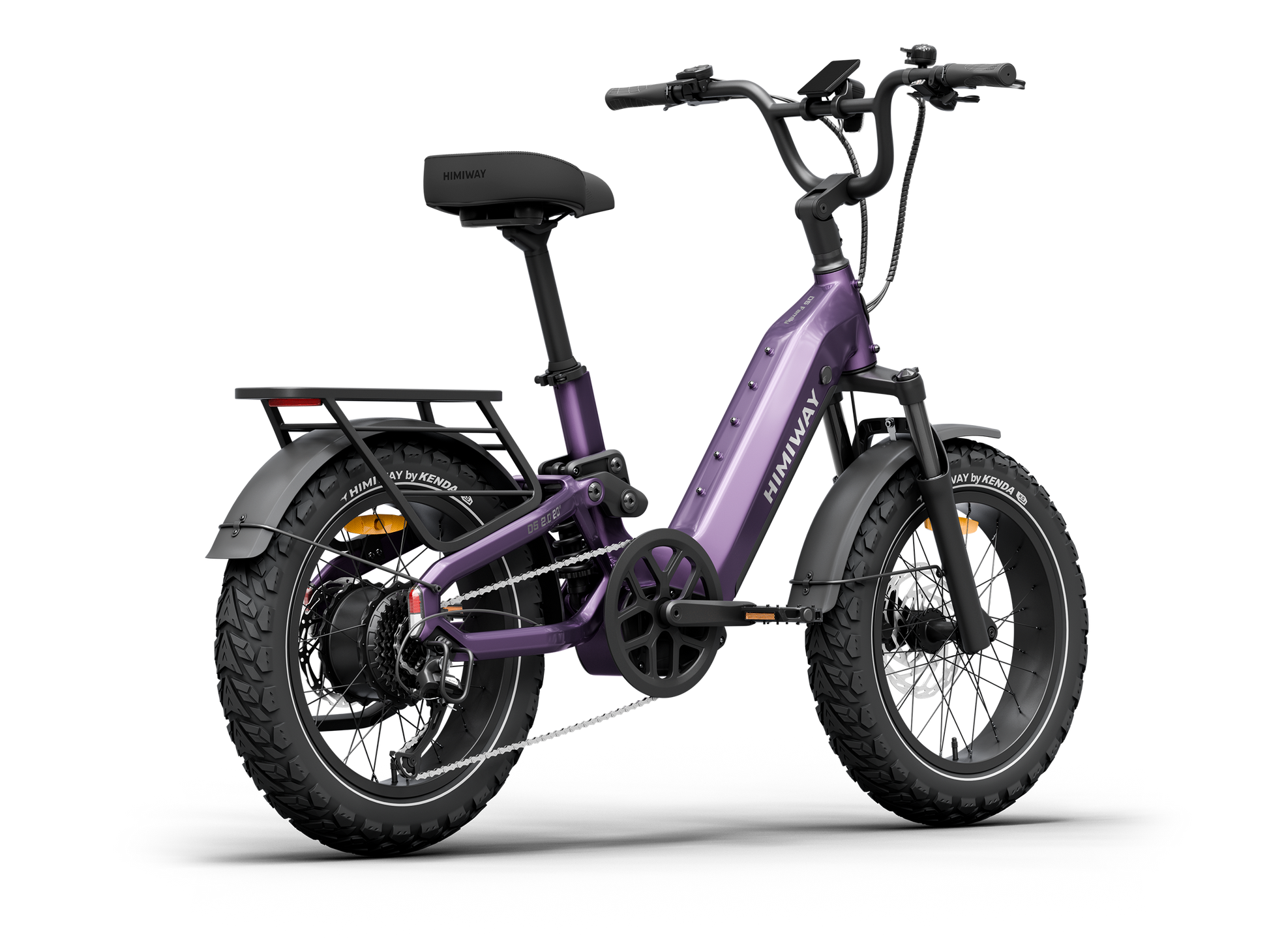 The Himiway D5 2.0 20in by Himiway is a purple fat tire e-bike with a 750W hub motor, step-through frame, rear cargo rack, and fenders, shown on a white background.