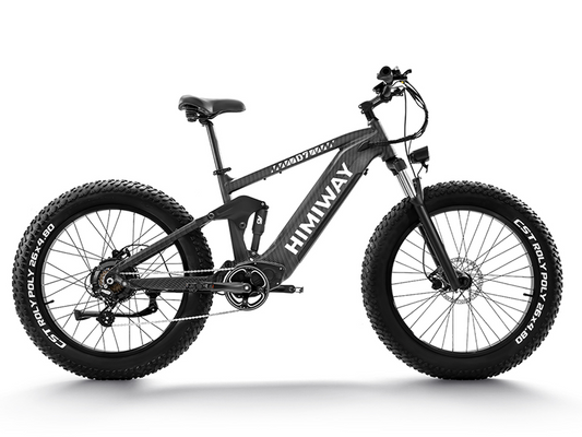 A black Himiway - Cobra D7 electric mountain bike with super fat tires on a white background.