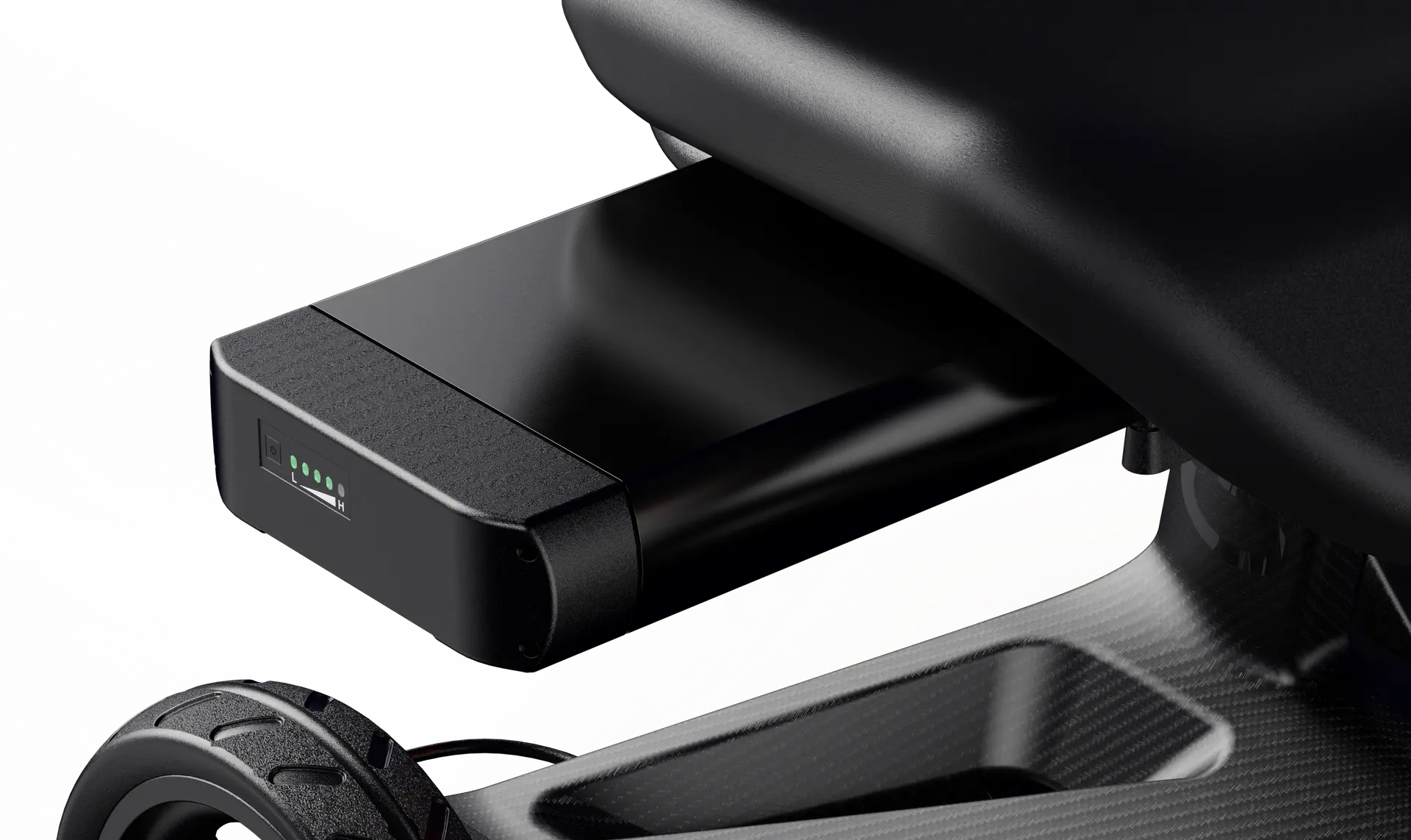 Close-up of a Dashmoto Dash 3 black folding mobility scooter battery being inserted into its compartment, showing four green indicator lights on the battery.