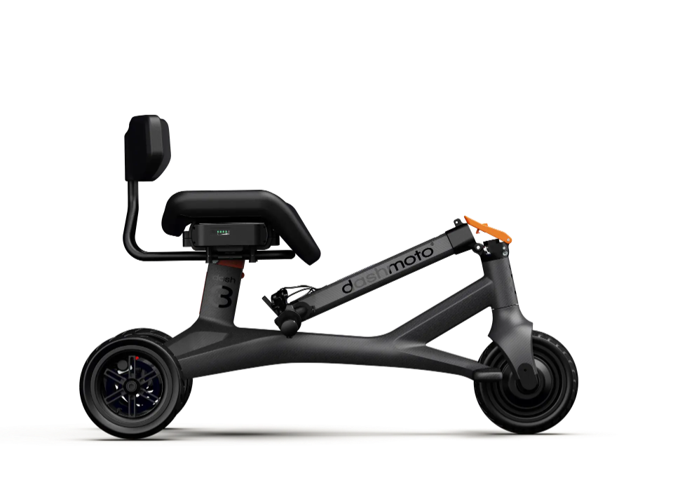 The Dashmoto Dash 3 folding mobility scooter by Dashmoto, with a black seat, backrest, matte gray frame, and 500W motor, is shown against a plain white background.
