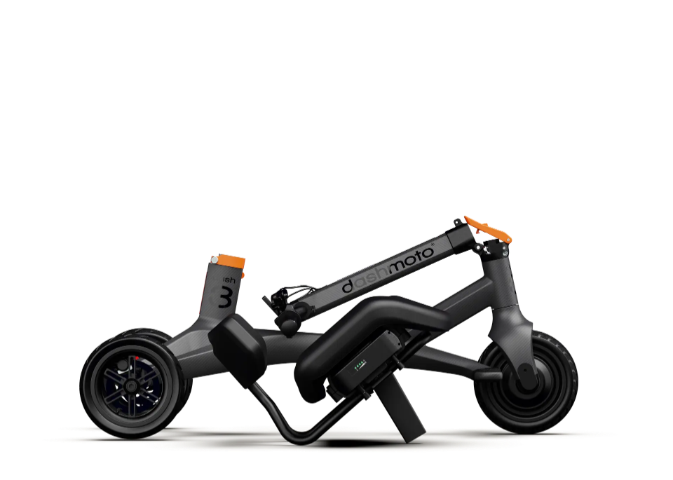 The Dashmoto Dash 3 is a compact, foldable carbon fiber electric scooter with visible wheels, frame, orange accents, and a powerful 500W motor for enhanced performance.