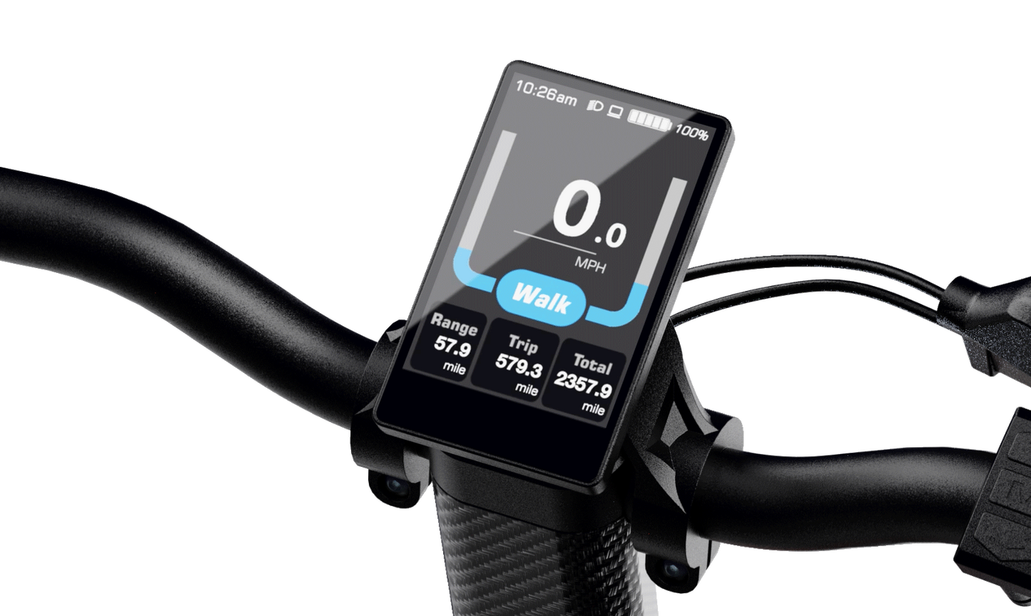 Close-up of the Dashmoto Dash 3’s digital display on the handlebar, showing speed, range, trip distance, total distance, and battery level.