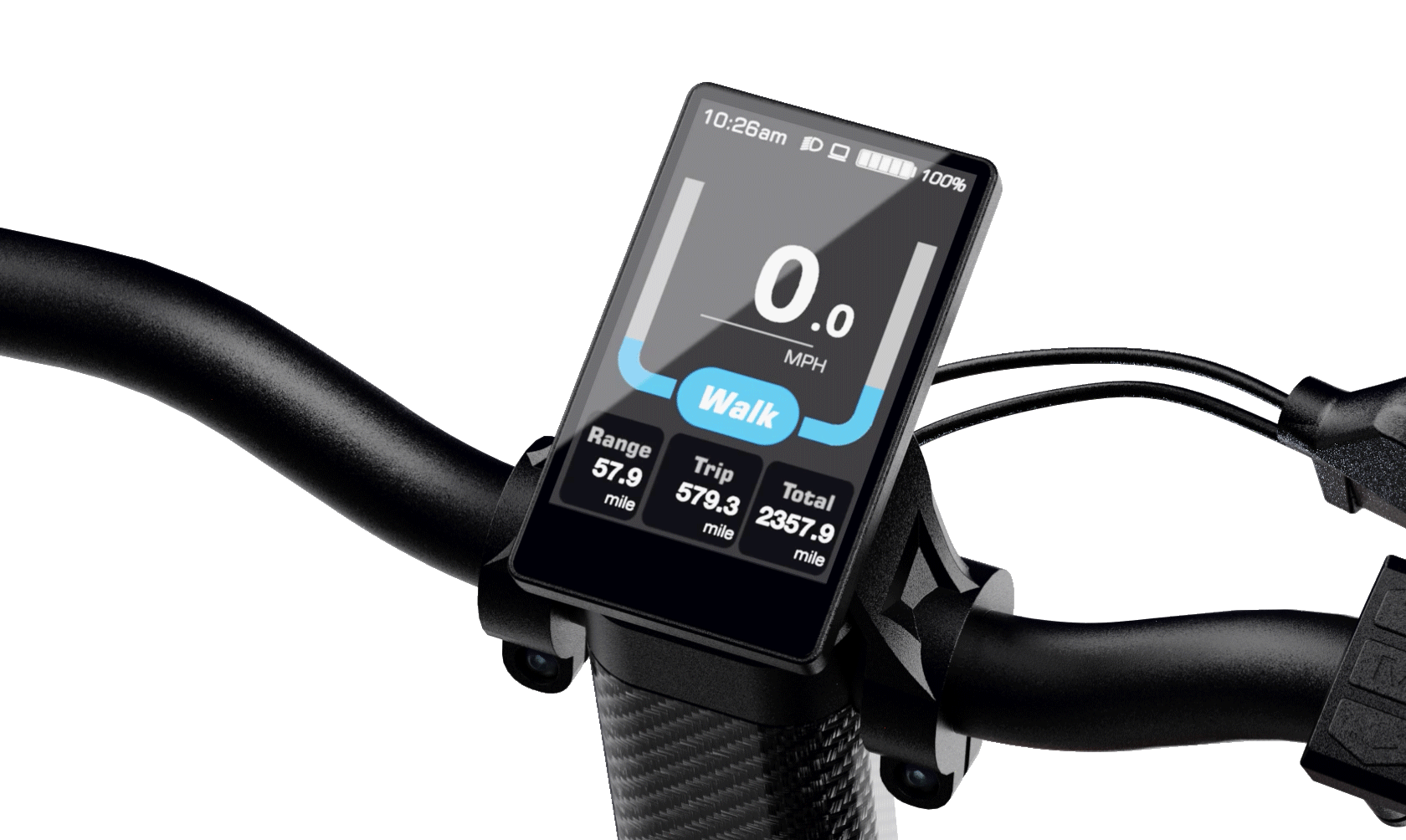 Close-up of the Dashmoto Dash 3’s digital display on the handlebar, showing speed, range, trip distance, total distance, and battery level.