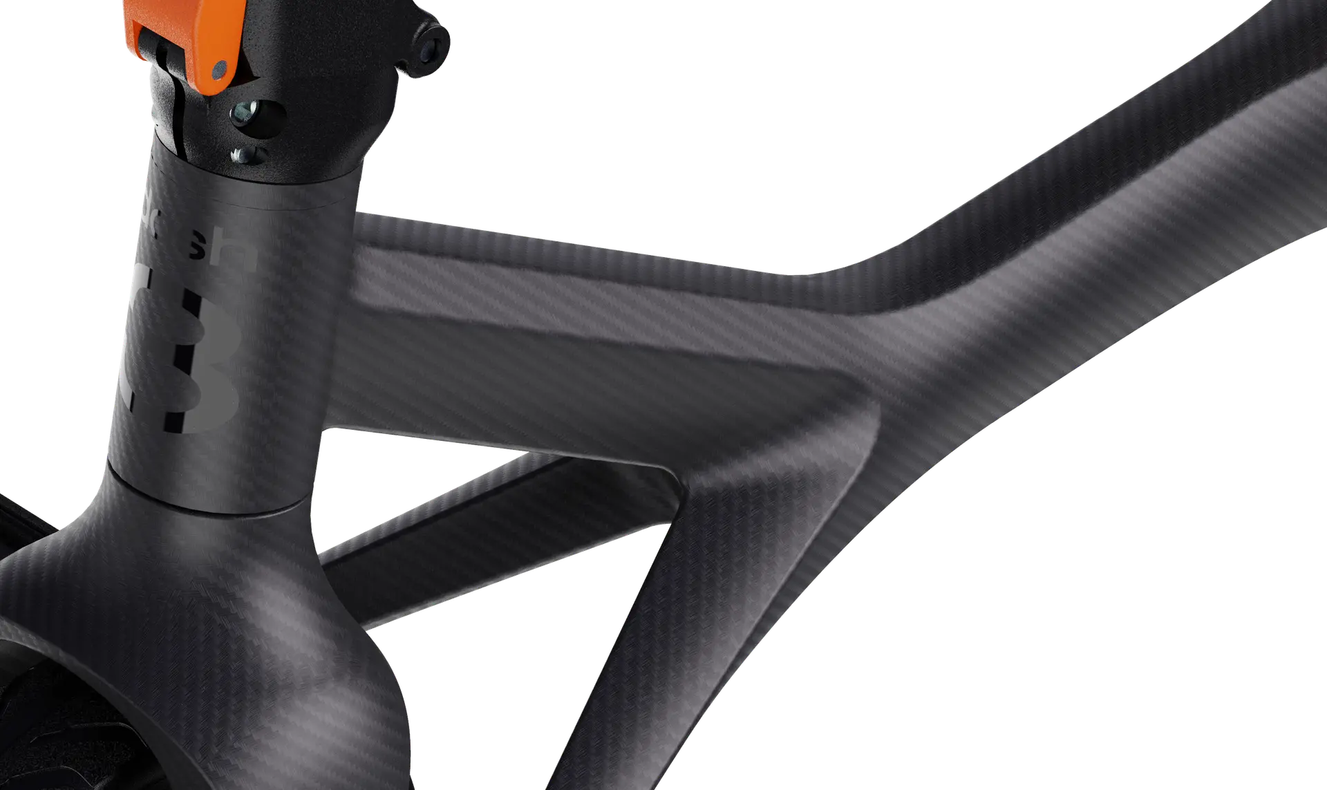 Close-up of the Dashmoto Dash 3 scooter frame by Dashmoto, highlighting the matte black top tube, down tube, and seat tube junction in carbon fiber.