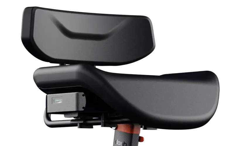 Close-up view of a Dashmoto Dash 3 black bicycle saddle featuring a unique ergonomic design and built-in electronic component, perfect for folding mobility scooters.