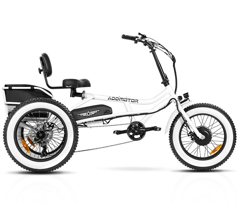 An Addmotor - M-360 Semi-Recumbent Trike in Pearl White, designed for individuals with disabilities, featuring a black seat for enhanced comfort.