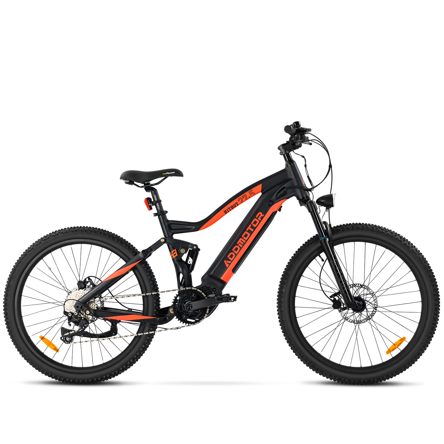 Addmotor - Hithot H3 full suspension mountain eBike with electric assist feature, displayed on a white background.