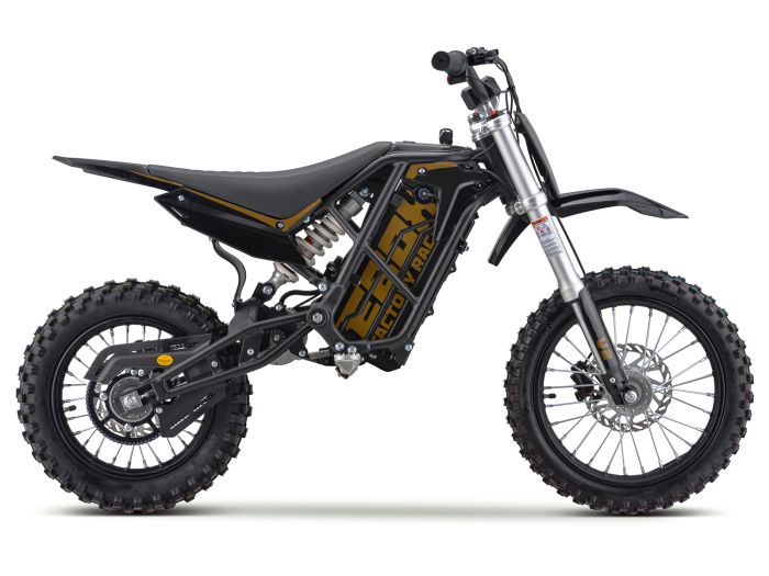The EBOX eBOX - 2 V2, a black and yellow electric minibike with knobby tires, compact frame, visible suspension, and a powerful 2kW brushless motor, is shown in profile on a white background.