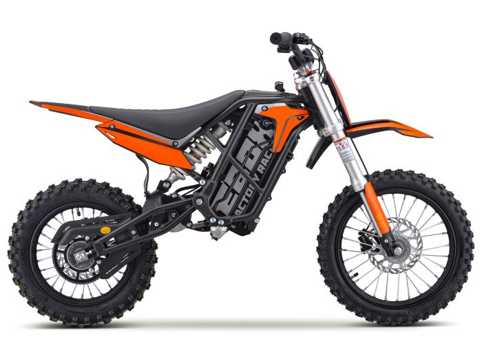 A side view of the EBOX eBOX - 2 V2 electric minibike by EBOX, featuring an orange and black minimalist frame, knobby tires, exposed suspension, and a powerful 2kW brushless motor.
