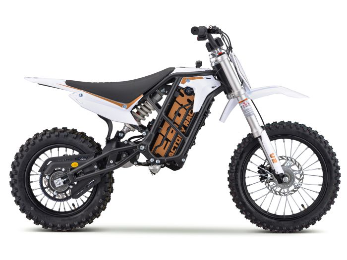 Side view of the EBOX eBOX - 2 V2, a white and black off-road electric dirt bike featuring thick knobby tires, exposed battery compartment, and a powerful 2kW brushless motor for long-range adventures.