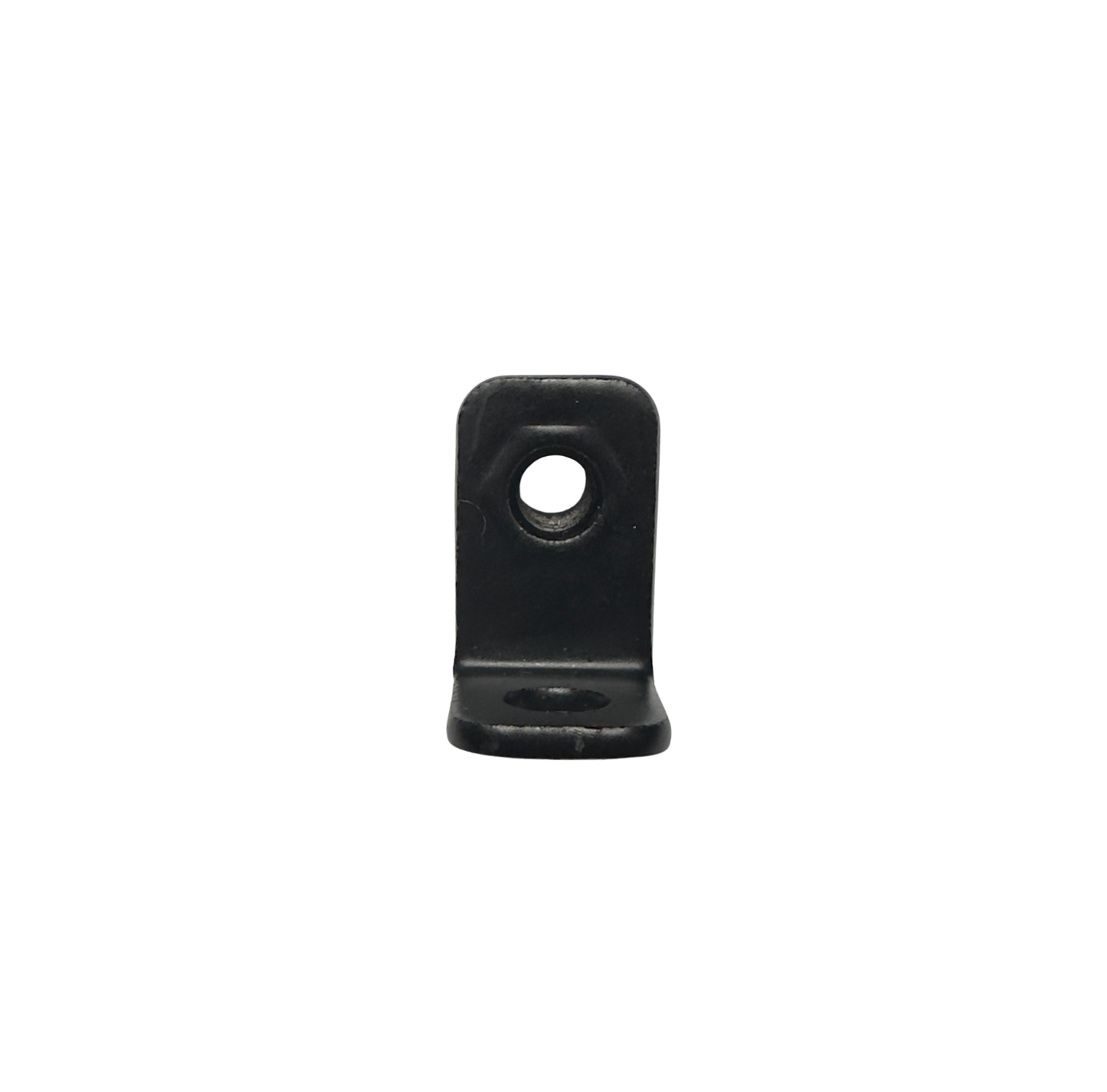 The Tampa Bay eBikes Universal 90° Front Fork Fender Bracket is a black metal L-bracket with two holes, perfect as an e-bike fender or front fork bracket, shown on a plain white background.