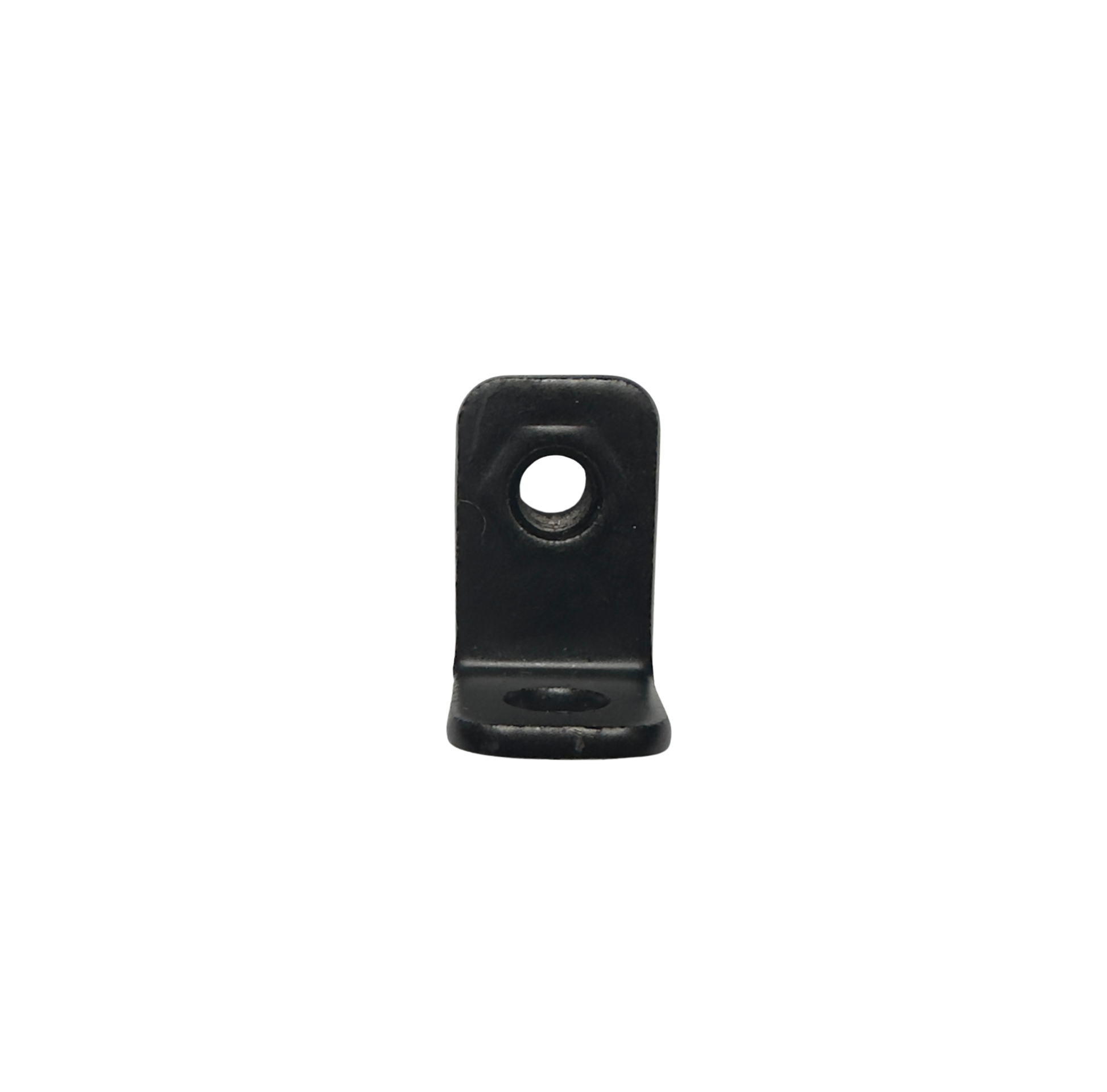 The Tampa Bay eBikes Universal 90° Front Fork Fender Bracket is a black metal L-bracket with two holes, perfect as an e-bike fender or front fork bracket, shown on a plain white background.