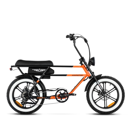 Black and orange Addmotor - Chopptan M70 electric moped style cruiser bicycle with a long padded banana seat on a white background.
