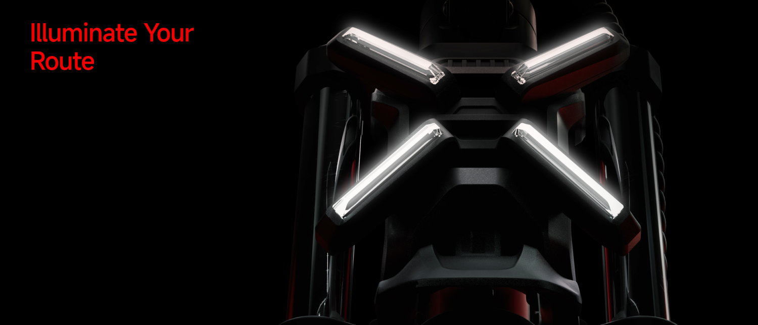 A close-up of Segway - ZT3 Pro showcases its futuristic bike headlight with four LED strips arranged in an X shape, complementing advanced suspension for a smooth ride. "Illuminate Your Route" text stands on the left.