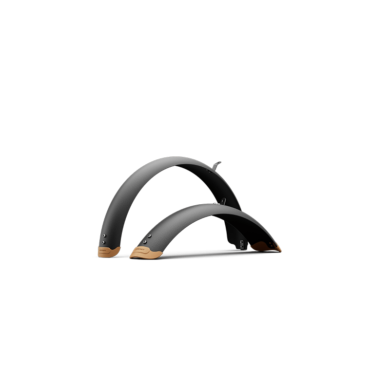 Two Segway MUXI Fender Set fenders in black with tan ends are shown side by side on a plain white background—ideal as electric bike fenders for your Segway MUXI.