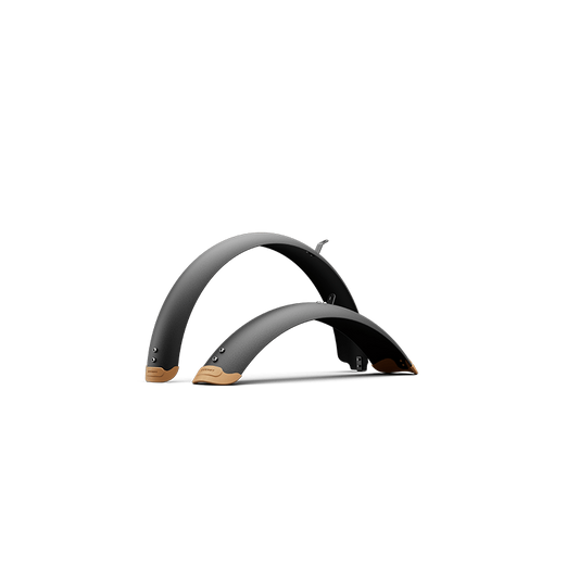 Two Segway MUXI Fender Set fenders in black with tan ends are shown side by side on a plain white background—ideal as electric bike fenders for your Segway MUXI.